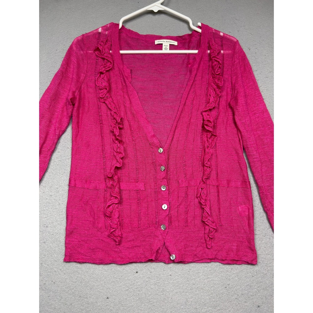 Banana Republic Cardigan Linen Rayon Pink Ruffle Petite Small Womens